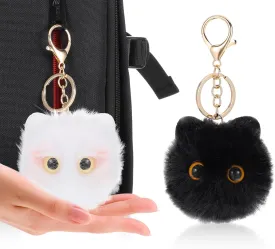 2Pcs Cute Cat Plush Keychain Pom Pom Keychain Cat Key Chain Stuffed Animal Keychain Kawaii Funny Lover Gifts For Birthday Christmas Valentine's Day Gift(White Black)