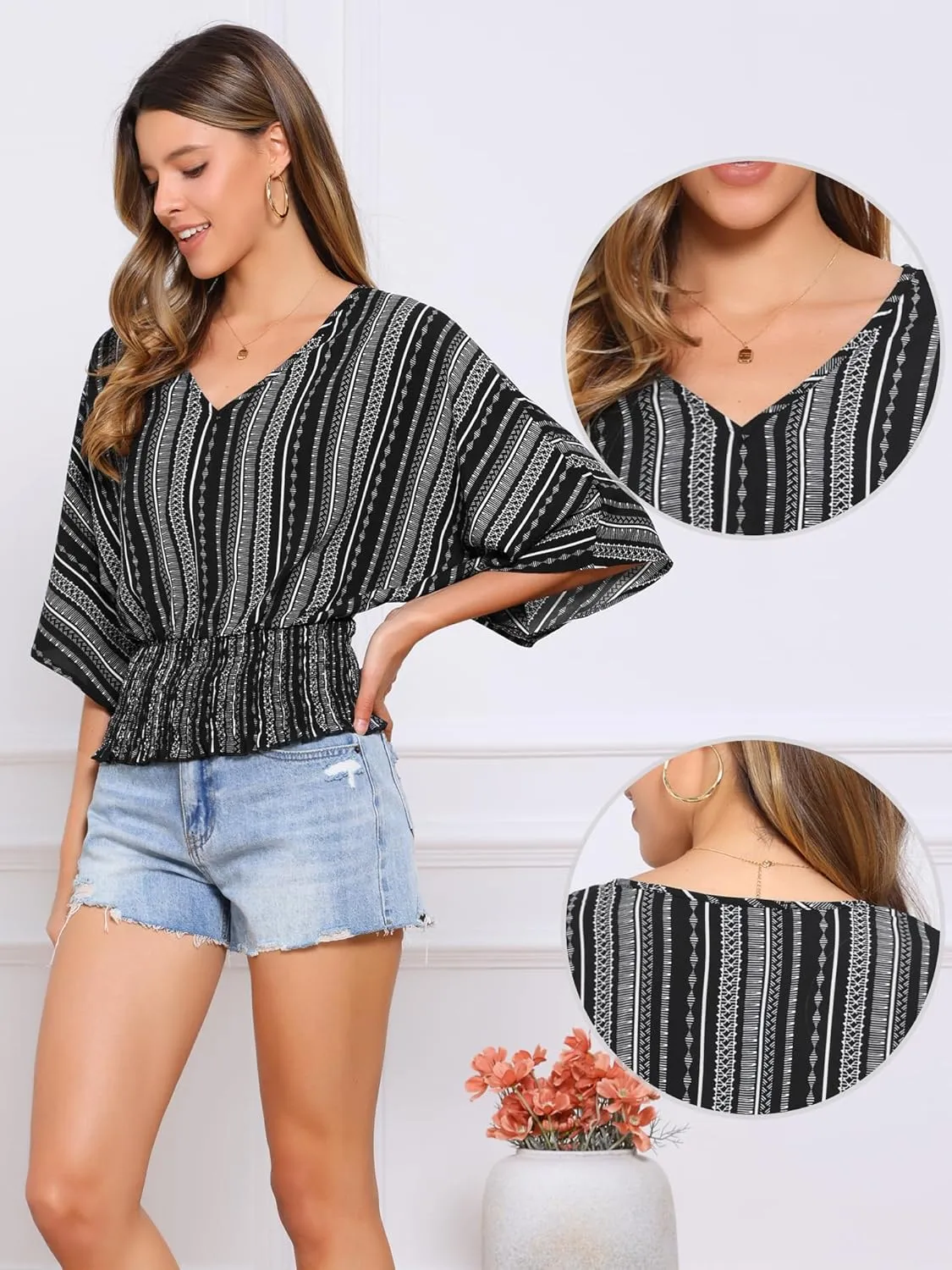 Allegra K Tops for Women's Summer Boho V Neck Print Chiffon Top Smocked Batwing Dolman Sleeve Blouses