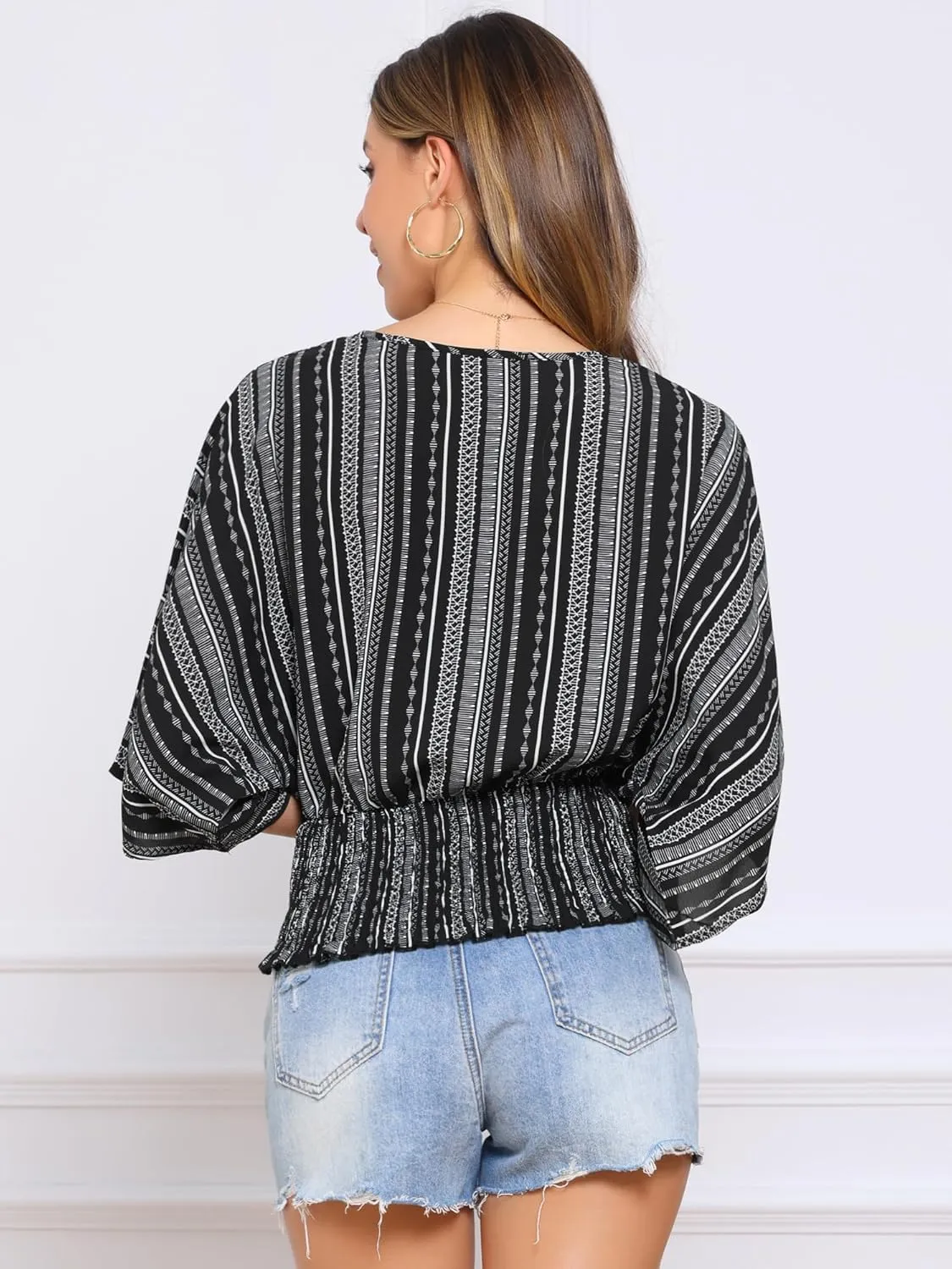 Allegra K Tops for Women's Summer Boho V Neck Print Chiffon Top Smocked Batwing Dolman Sleeve Blouses