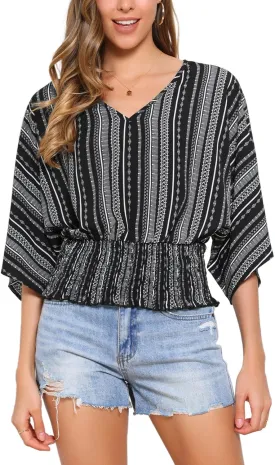 Allegra K Tops for Women's Summer Boho V Neck Print Chiffon Top Smocked Batwing Dolman Sleeve Blouses