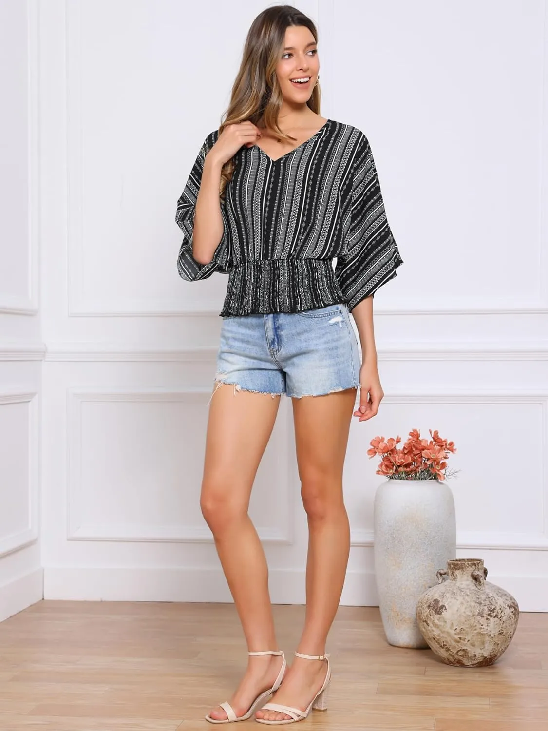 Allegra K Tops for Women's Summer Boho V Neck Print Chiffon Top Smocked Batwing Dolman Sleeve Blouses