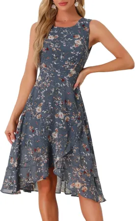 Allegra K Women's Summer Dresses 2025 Wrap Ruffle High Low Hem Round Neck Keyhole Back Sleeveless Floral Dress