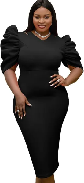 AOMEI V Neck Half Sleeve Business Bodycon Midi Dress Cut Out Shoulder 4XL 3XL 2XL Plus Size Woman Clothes for Office Ladies