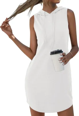 AUSELILY Womens Summer Dresses 2025 Casual Sleeveless Sweatshirt Dress Drawstring Hoodie Mini Dress with Pockets