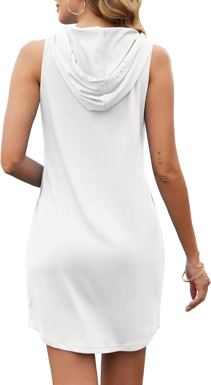 AUSELILY Womens Summer Dresses 2025 Casual Sleeveless Sweatshirt Dress Drawstring Hoodie Mini Dress with Pockets
