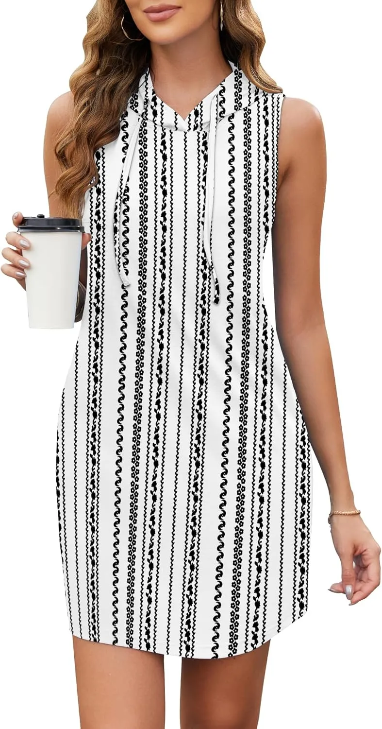 AUSELILY Womens Summer Dresses 2025 Casual Sleeveless Sweatshirt Dress Drawstring Hoodie Mini Dress with Pockets