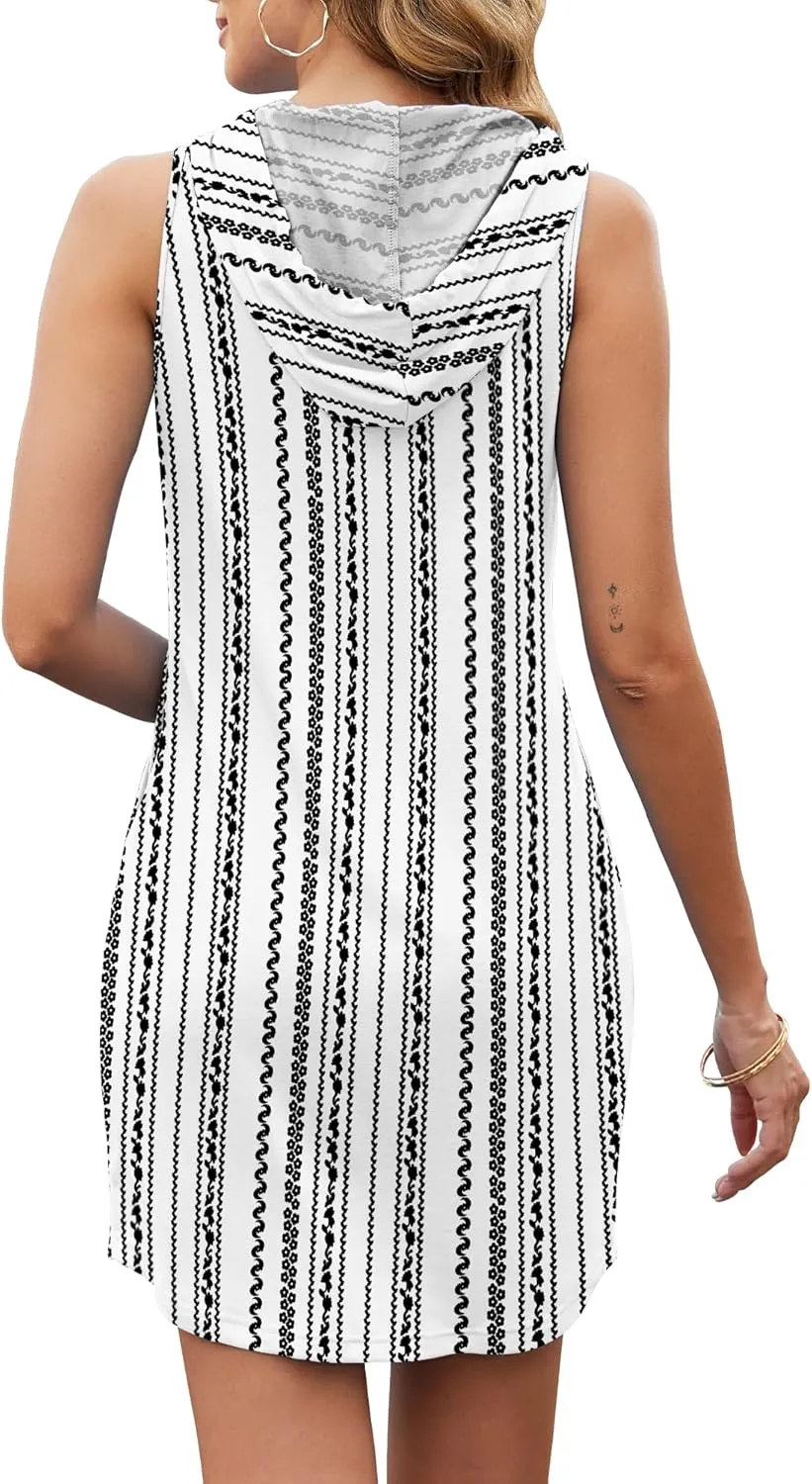 AUSELILY Womens Summer Dresses 2025 Casual Sleeveless Sweatshirt Dress Drawstring Hoodie Mini Dress with Pockets