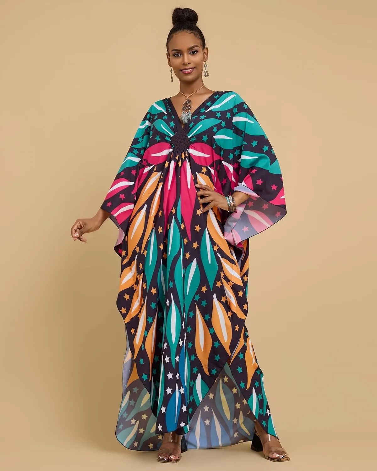 Bsubseach Kaftan Dresses for Women Batwing Sleeve Beach Cover Up Plus Size Swimsuit Coverup Caftan Loungewear