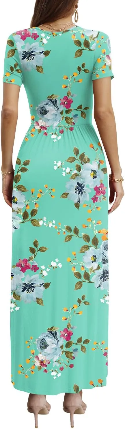 CATHY Women Short Sleeve Deep V-Neck Casual Long Dress Sexy Pleated Waist Maxi Dresses with Pockets