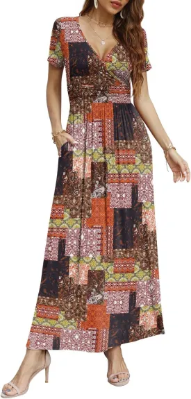 CATHY Women Short Sleeve Deep V-Neck Casual Long Dress Sexy Pleated Waist Maxi Dresses with Pockets
