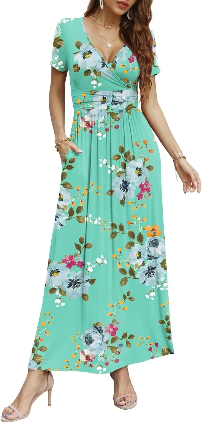 CATHY Women Short Sleeve Deep V-Neck Casual Long Dress Sexy Pleated Waist Maxi Dresses with Pockets