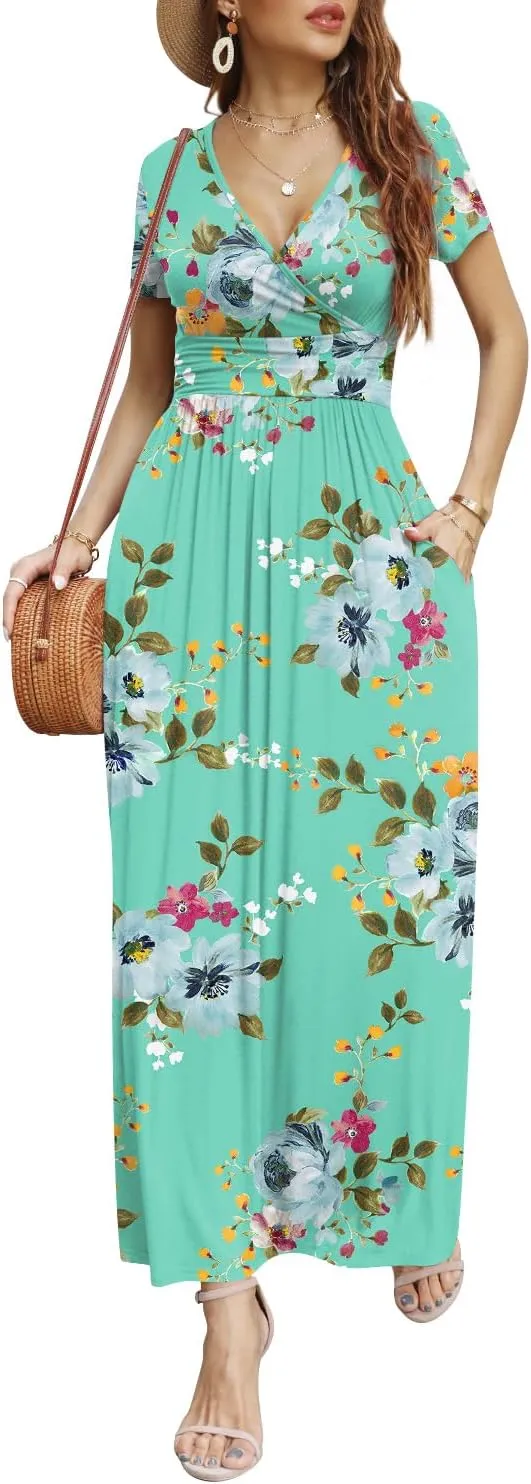 CATHY Women Short Sleeve Deep V-Neck Casual Long Dress Sexy Pleated Waist Maxi Dresses with Pockets