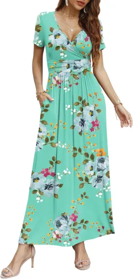 CATHY Women Short Sleeve Deep V-Neck Casual Long Dress Sexy Pleated Waist Maxi Dresses with Pockets