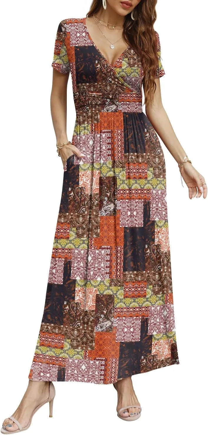 CATHY Women Short Sleeve Deep V-Neck Casual Long Dress Sexy Pleated Waist Maxi Dresses with Pockets