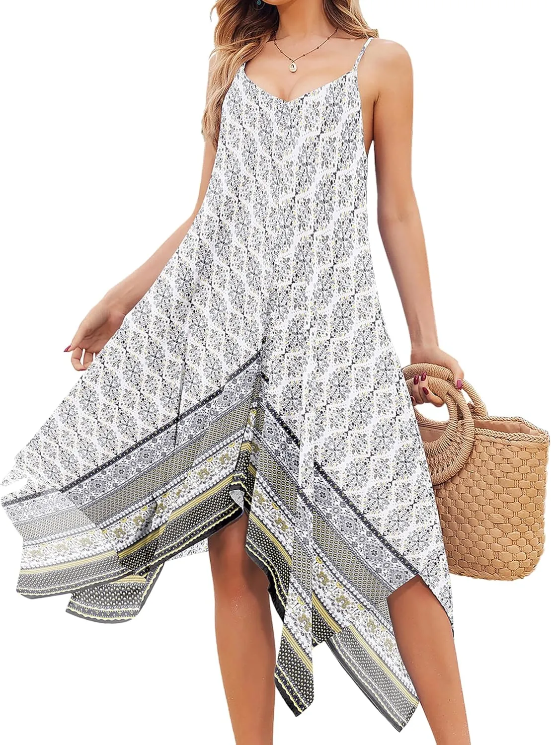 Chigant Women's 2025 Summer Dress Casual Boho Sundress Spaghetti Strap Swimwear Cover Up Beach Flowy Midi Vacation Dresses