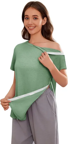 Deyeek Post Shoulder Surgery Shirts for Women Tear Away Side Snap Chemo Port Shirts Short Sleeve Adaptive Clothing