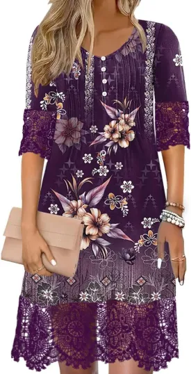 ETCYY Womens Casual Short Sleeve Summer Dresses Tiered Shirt Maxi Beach Dress 2025 Spring Boho 3/4 Sleeve Midi Sundresses