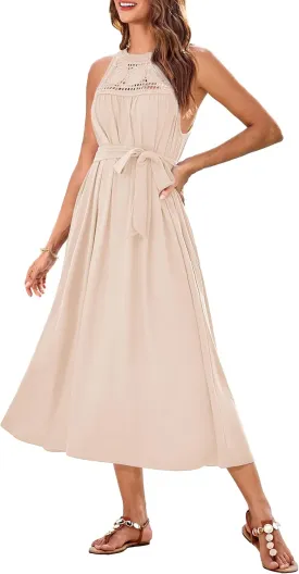 GRACE KARIN Women's 2025 Summer Hollow Out Halter Dresses Casual Swing A-Line Sundress Beach Vacation Maxi Dress with Belt