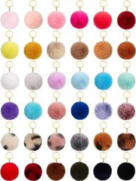 Hicarer 36 Pom Poms Keychains Faux Rabbit Fur Pompoms Keyring Pompom Keychain