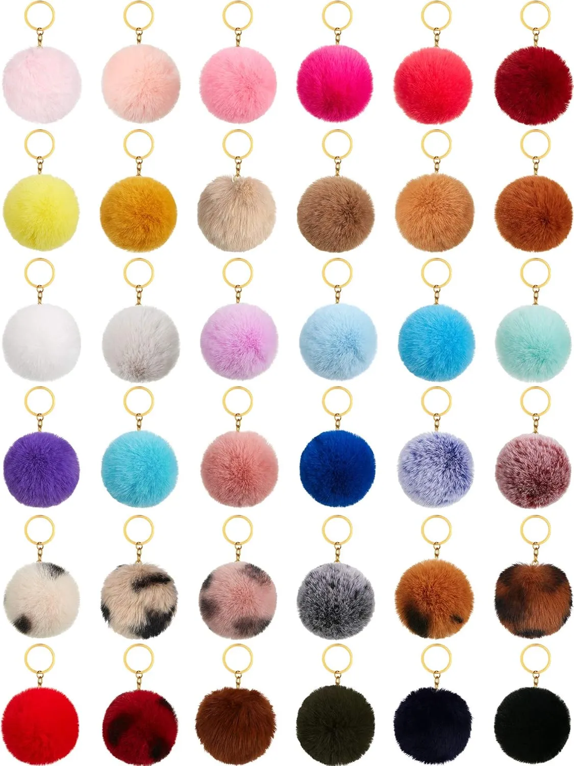 Hicarer 36 Pom Poms Keychains Faux Rabbit Fur Pompoms Keyring Pompom Keychain
