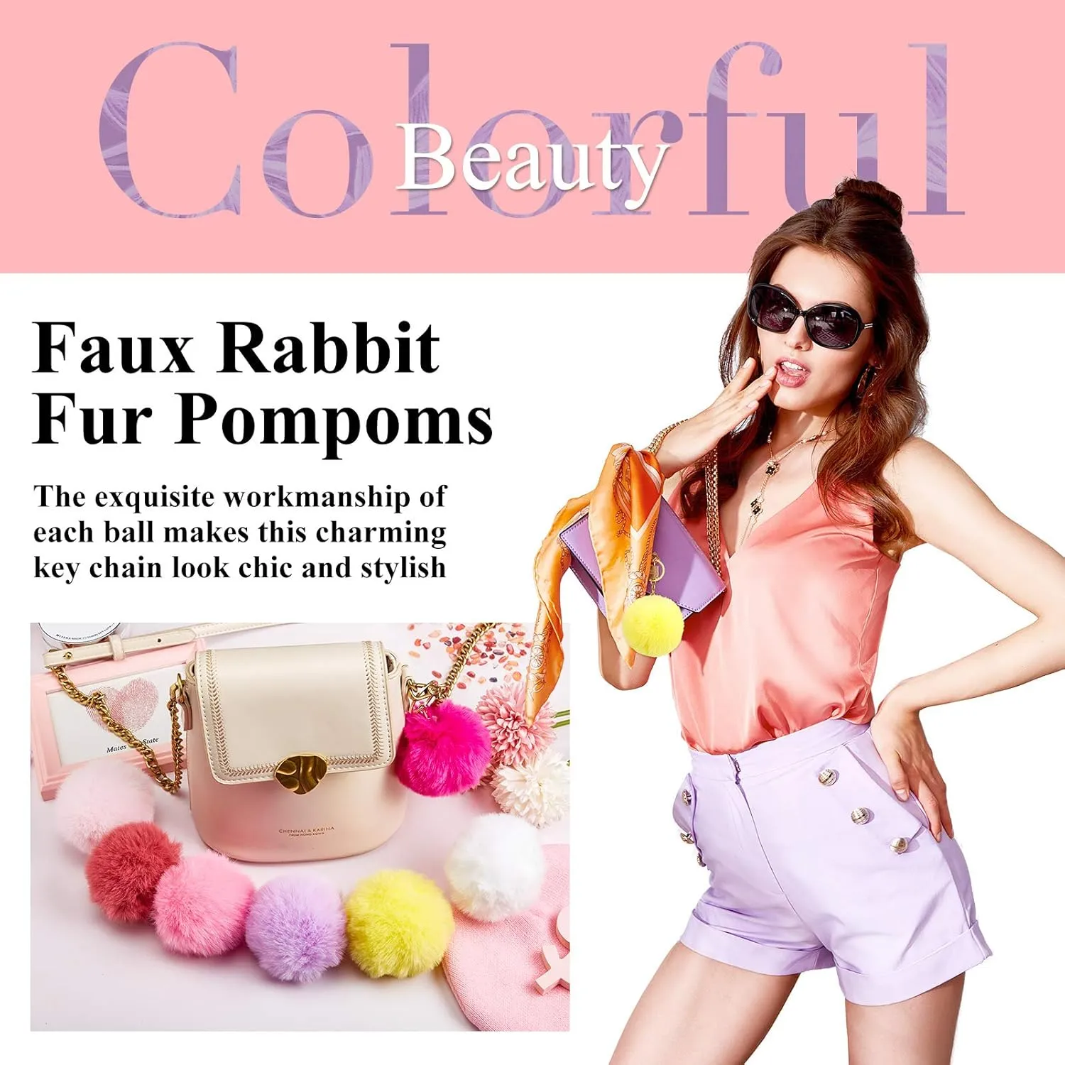 Hicarer 36 Pom Poms Keychains Faux Rabbit Fur Pompoms Keyring Pompom Keychain