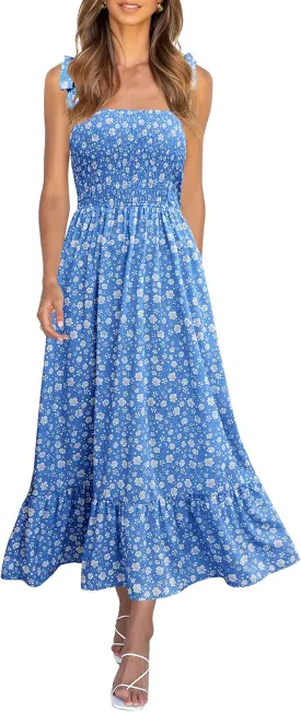 Imily Bela Womens Summer Dress Tie Strap Boho Floral Beach Dress Square Neck Ruffle Sun Dresses A Line Smocked Maxi Dress