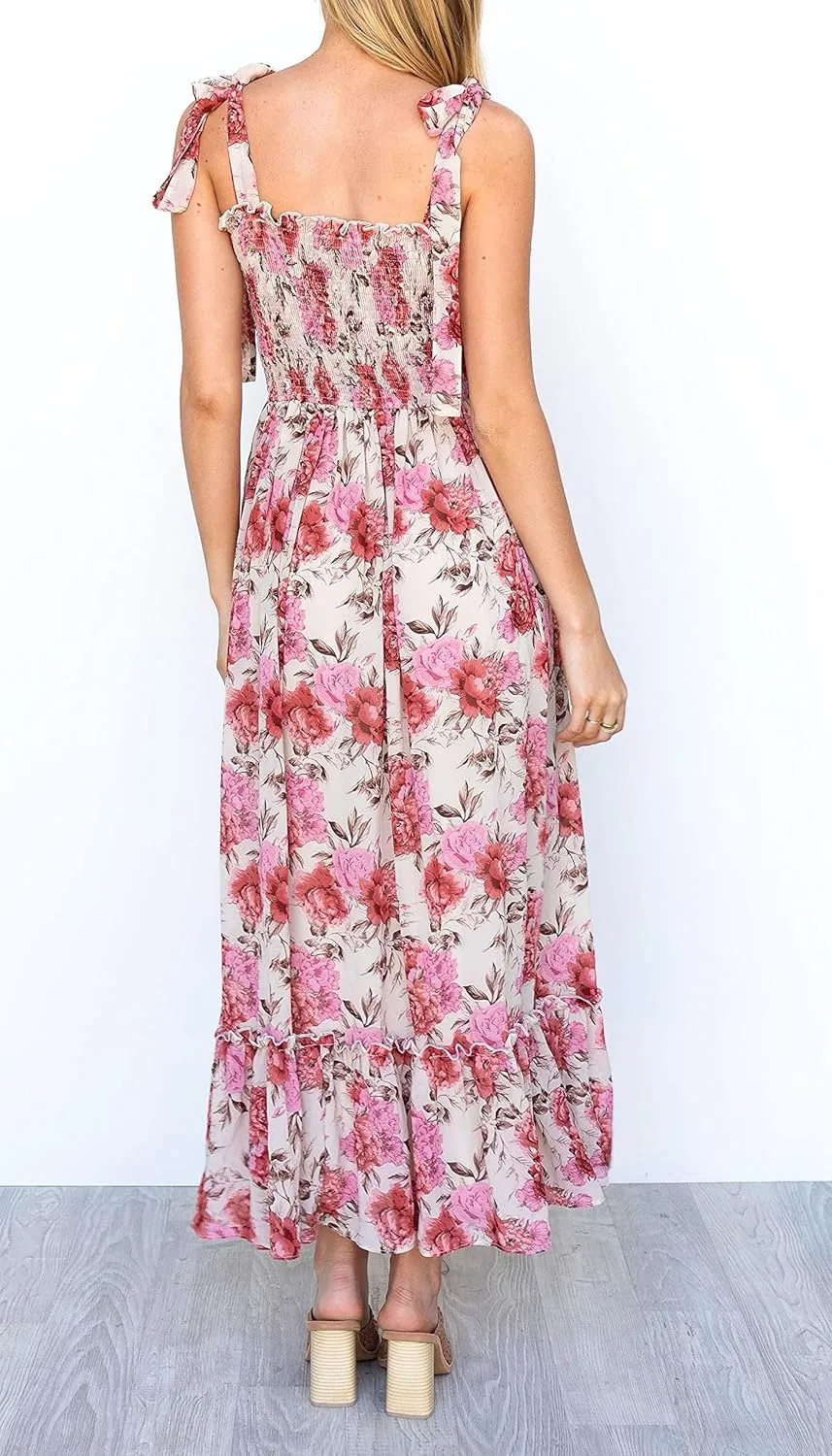 Imily Bela Womens Summer Dress Tie Strap Boho Floral Beach Dress Square Neck Ruffle Sun Dresses A Line Smocked Maxi Dress