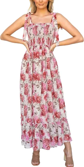 Imily Bela Womens Summer Dress Tie Strap Boho Floral Beach Dress Square Neck Ruffle Sun Dresses A Line Smocked Maxi Dress
