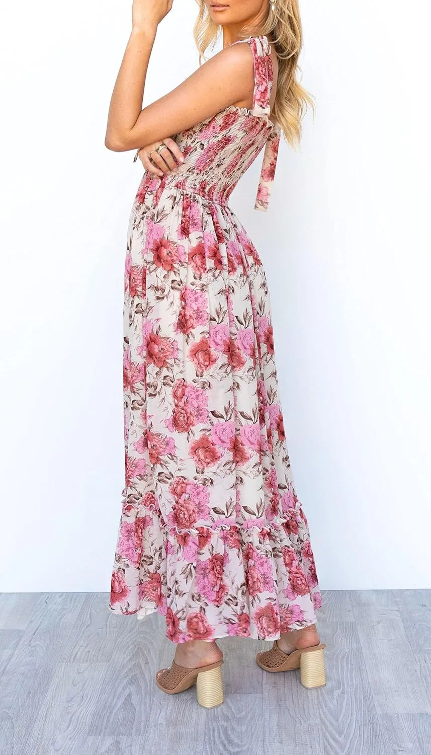 Imily Bela Womens Summer Dress Tie Strap Boho Floral Beach Dress Square Neck Ruffle Sun Dresses A Line Smocked Maxi Dress