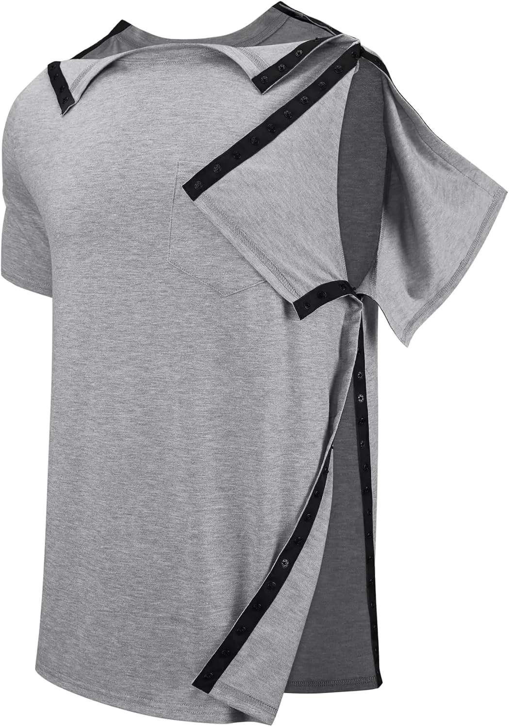 Men's Post Shoulder Surgery Recovery Shirts Tear Away Short Sleeve Full Open Side Snap Dialysis Chemo Clothing