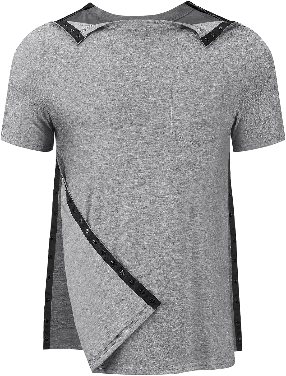Men's Post Shoulder Surgery Recovery Shirts Tear Away Short Sleeve Full Open Side Snap Dialysis Chemo Clothing