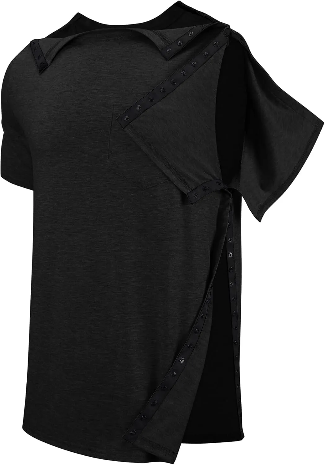 Men's Post Shoulder Surgery Recovery Shirts Tear Away Short Sleeve Full Open Side Snap Dialysis Chemo Clothing