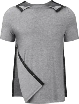 Men's Post Shoulder Surgery Recovery Shirts Tear Away Short Sleeve Full Open Side Snap Dialysis Chemo Clothing