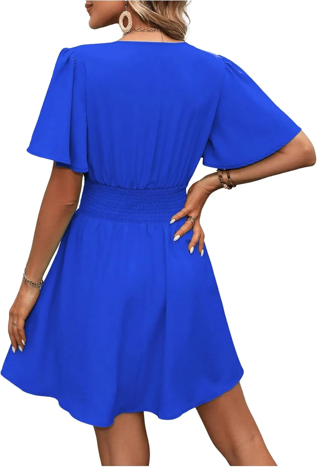 Milumia Women's Summer Ruched A Line Wrap Mini Dress Short Sleeve V Neck Swing Short Dress
