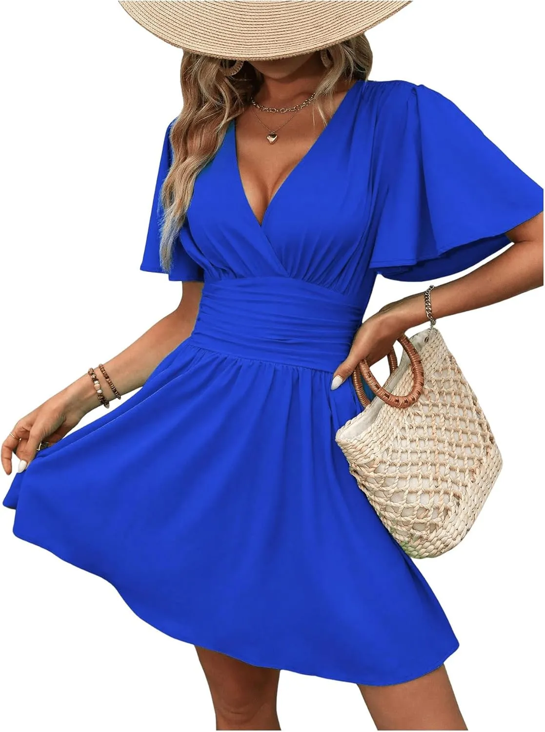 Milumia Women's Summer Ruched A Line Wrap Mini Dress Short Sleeve V Neck Swing Short Dress