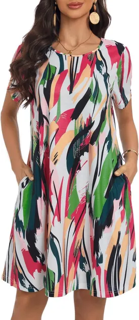 My Sky Women Summer Dresses Casual Short Sleeves Tshirt Cute Flowy Beach Plus Size Sundress with Pockets