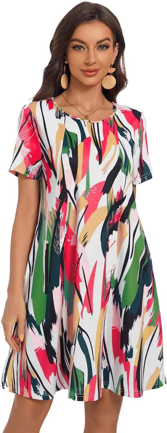 My Sky Women Summer Dresses Casual Short Sleeves Tshirt Cute Flowy Beach Plus Size Sundress with Pockets