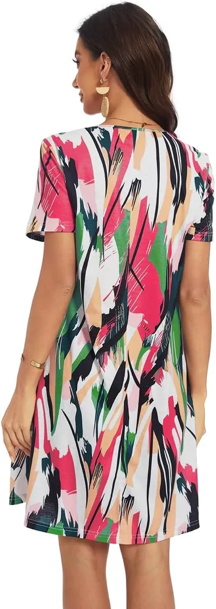 My Sky Women Summer Dresses Casual Short Sleeves Tshirt Cute Flowy Beach Plus Size Sundress with Pockets