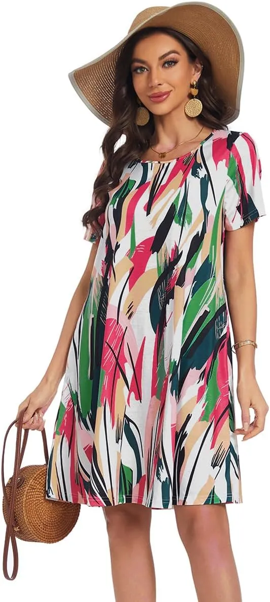 My Sky Women Summer Dresses Casual Short Sleeves Tshirt Cute Flowy Beach Plus Size Sundress with Pockets