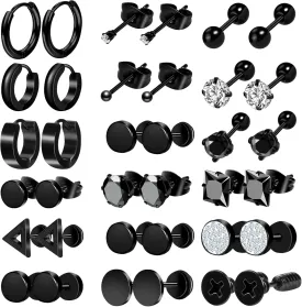 ONESING 12/18 Pcs Mens Earrings Black Earrings for Men Stainless Steel Earrings Piercing Jewelry Stud Hoop Punk Earrings Set