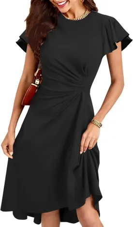 oten Women's 2025 Elegant Ruffle Sleeve Ruched Waist Flowy A Line High Low Midi Cocktail Party Dress