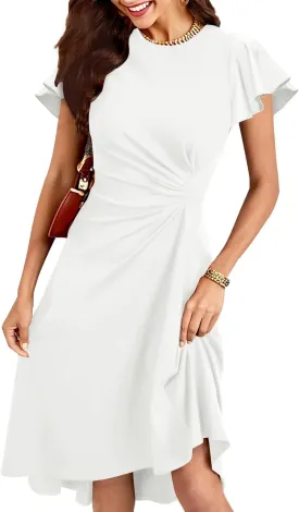 oten Women's 2025 Elegant Ruffle Sleeve Ruched Waist Flowy A Line High Low Midi Cocktail Party Dress