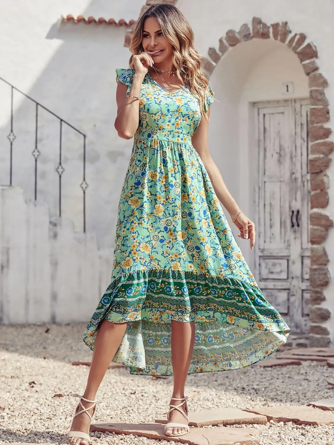 PRETTYGARDEN Women's Summer Maxi Dress Casual Floral V Neck Cap Sleeves Boho High Low Flowy Midi Long Sun Dresses