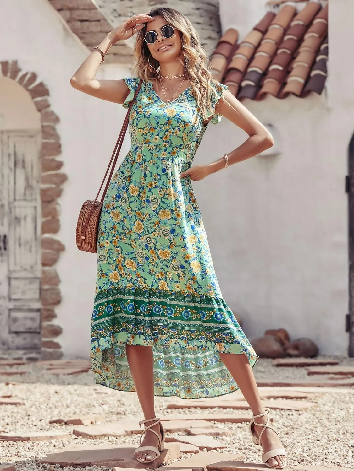PRETTYGARDEN Women's Summer Maxi Dress Casual Floral V Neck Cap Sleeves Boho High Low Flowy Midi Long Sun Dresses
