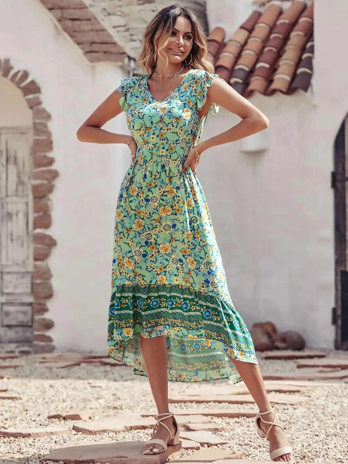 PRETTYGARDEN Women's Summer Maxi Dress Casual Floral V Neck Cap Sleeves Boho High Low Flowy Midi Long Sun Dresses