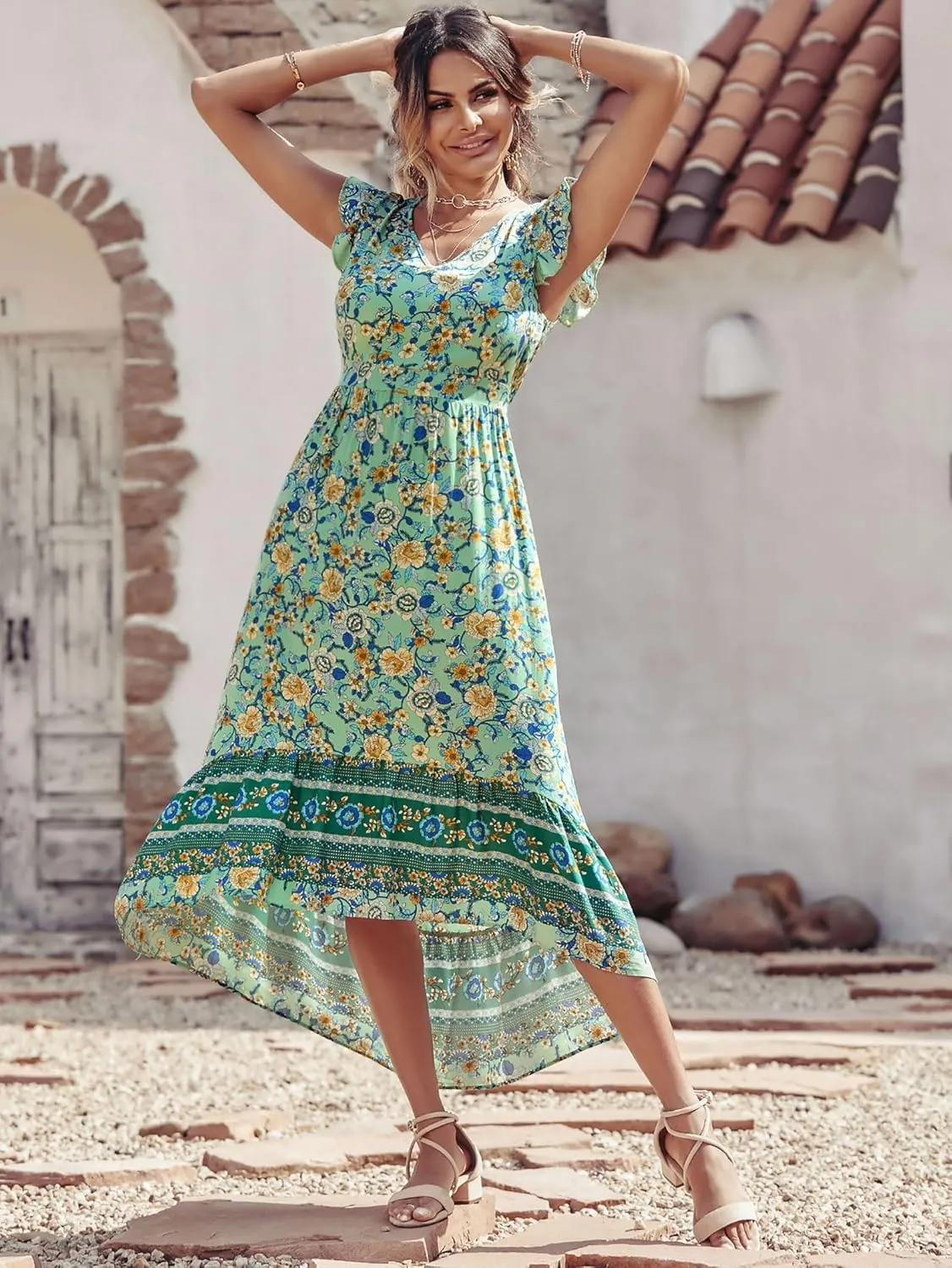 PRETTYGARDEN Women's Summer Maxi Dress Casual Floral V Neck Cap Sleeves Boho High Low Flowy Midi Long Sun Dresses