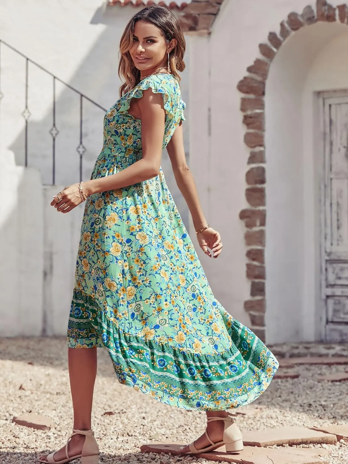 PRETTYGARDEN Women's Summer Maxi Dress Casual Floral V Neck Cap Sleeves Boho High Low Flowy Midi Long Sun Dresses
