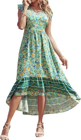 PRETTYGARDEN Women's Summer Maxi Dress Casual Floral V Neck Cap Sleeves Boho High Low Flowy Midi Long Sun Dresses