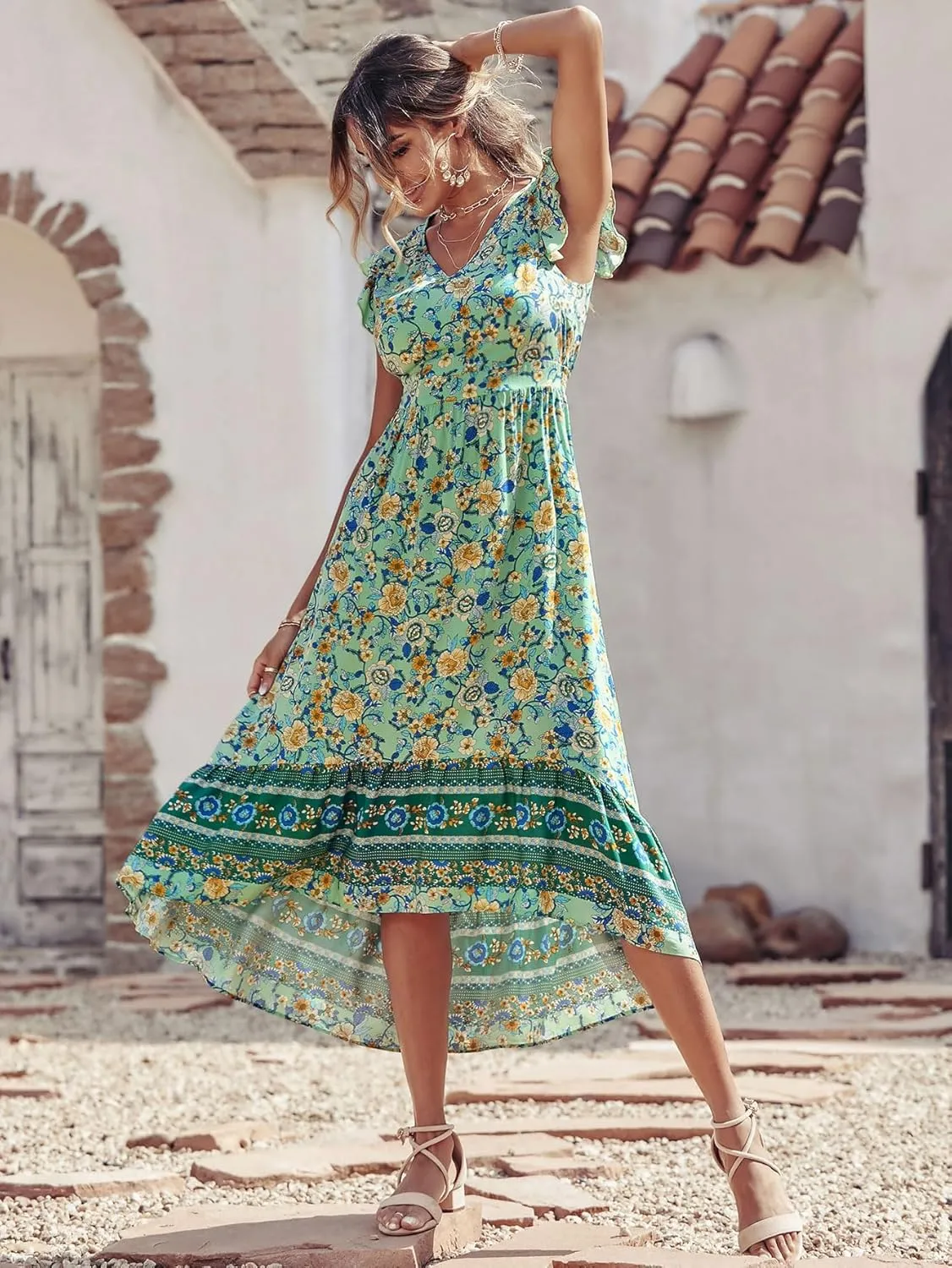 PRETTYGARDEN Women's Summer Maxi Dress Casual Floral V Neck Cap Sleeves Boho High Low Flowy Midi Long Sun Dresses