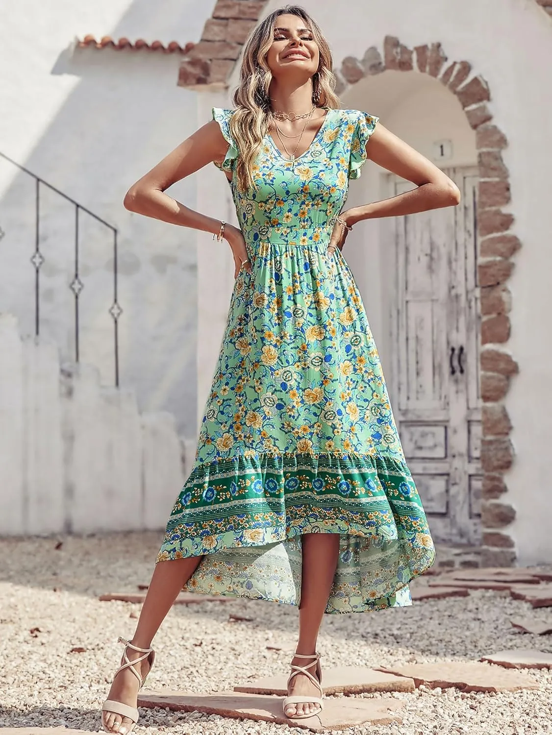 PRETTYGARDEN Women's Summer Maxi Dress Casual Floral V Neck Cap Sleeves Boho High Low Flowy Midi Long Sun Dresses